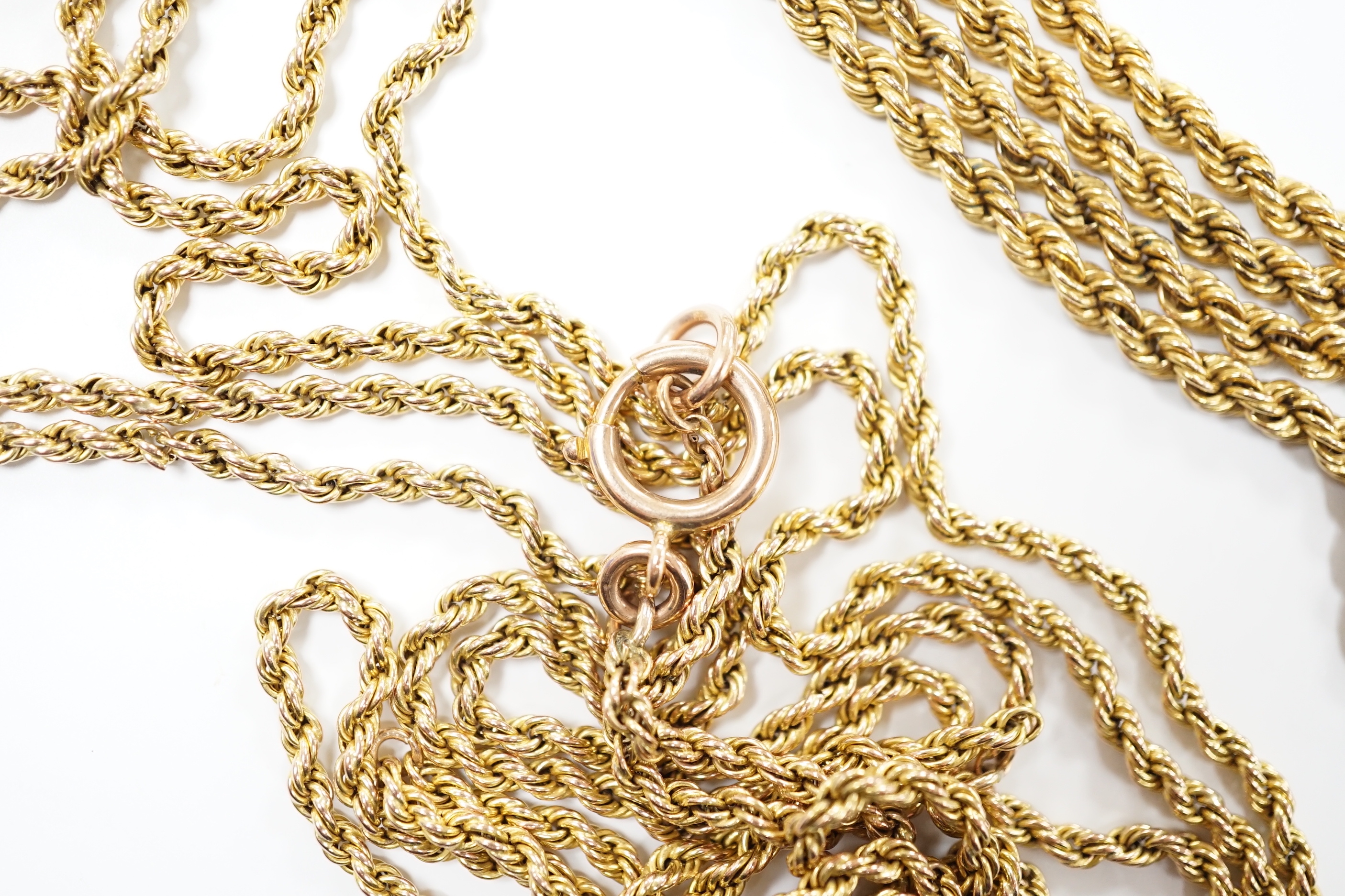 Two modern 9ct rope twist chains, the longest a.f., 144cm, gross 26.4 grams.